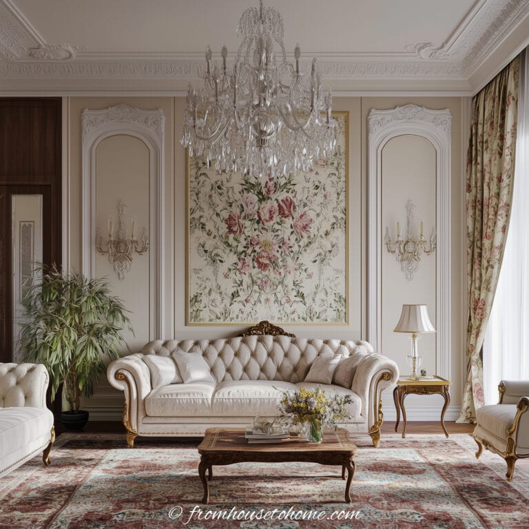 Traditional living room with a large chandelier and decorative moldings