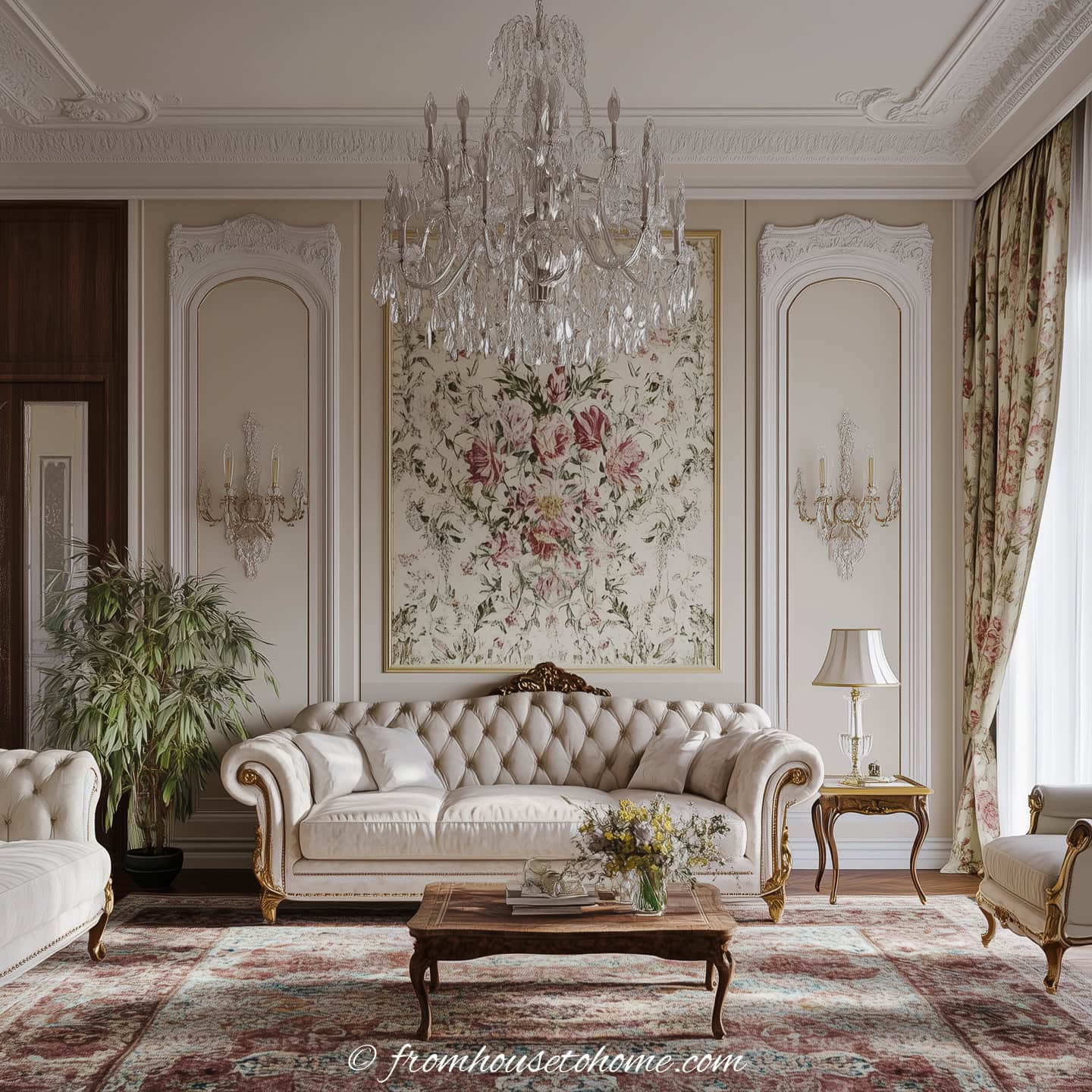 Traditional living room with a large chandelier and decorative moldings