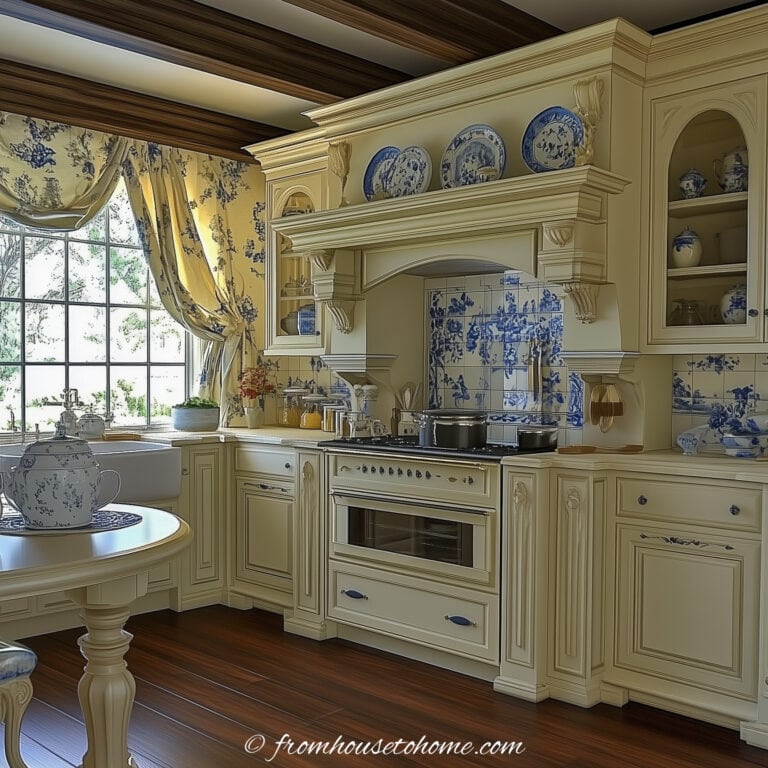 a yellow french country kitchen with blue and white details