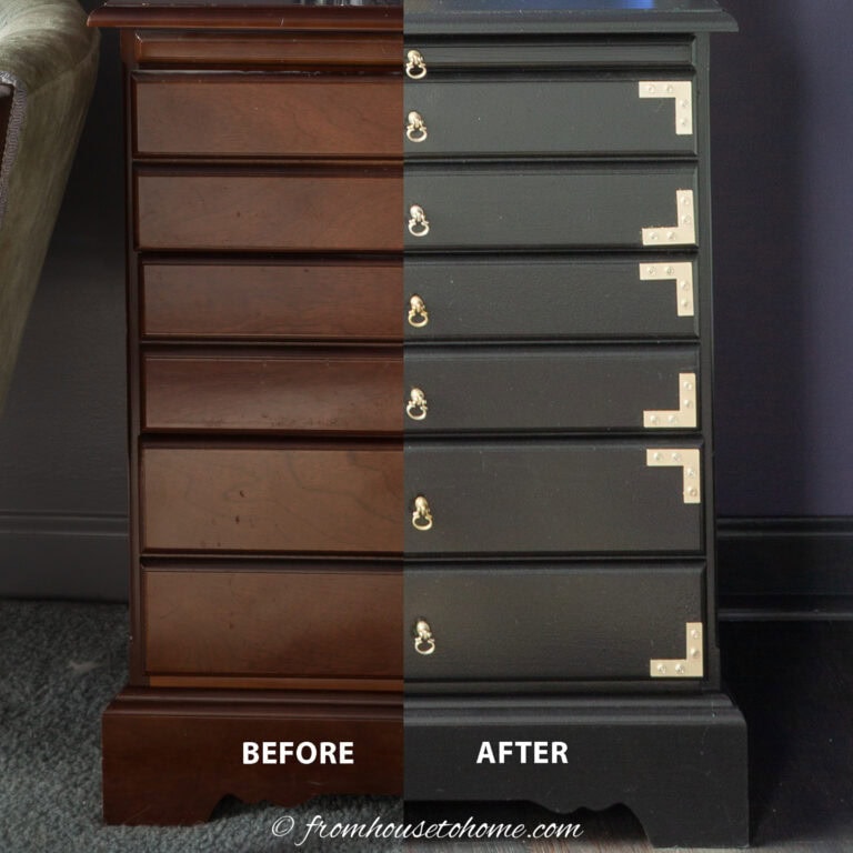 before and after closeup of a glam DIY painted nightstand
