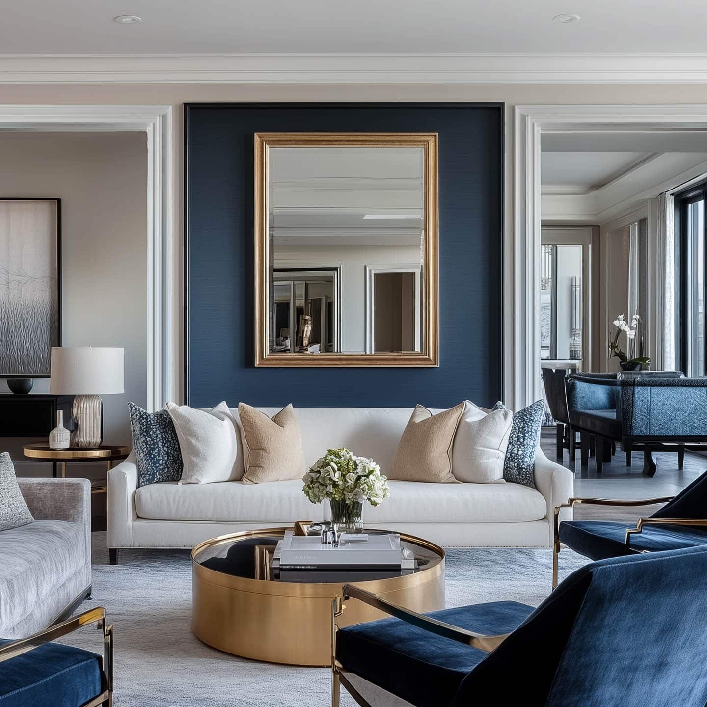 a blue and white living room with a large mirror on an accent wall