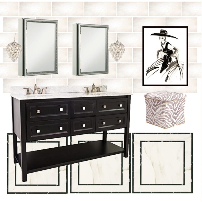 mood board for a black and white bathroom