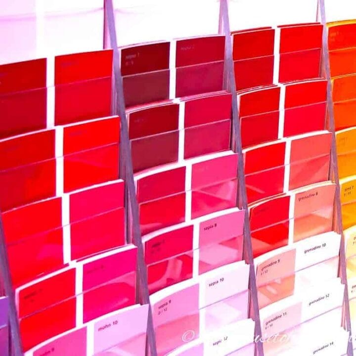 a rack of pink and red paint chips