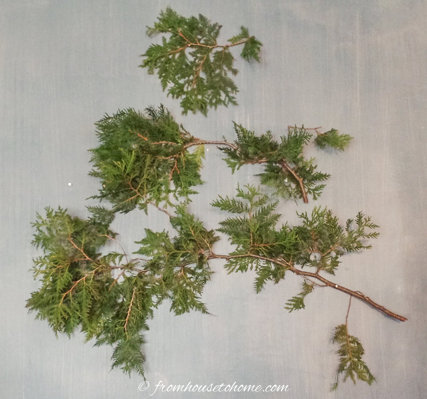 The top 3 branches of a DIY wall Christmas tree
