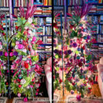 fuchsia pink and lime green christmas tree with lights off and lights on