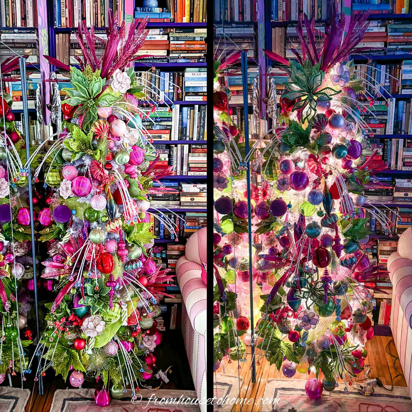 fuchsia pink and lime green christmas tree with lights off and lights on