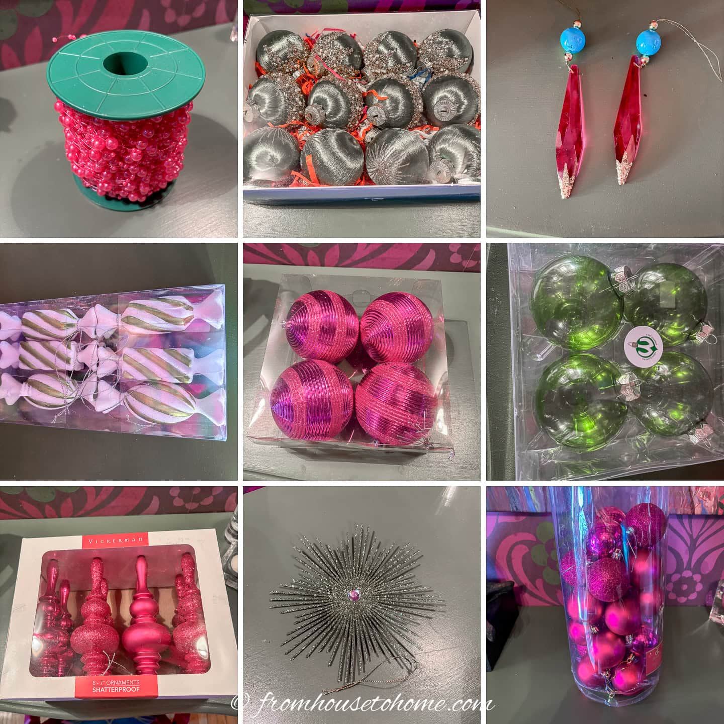 pink and green christmas tree ornaments