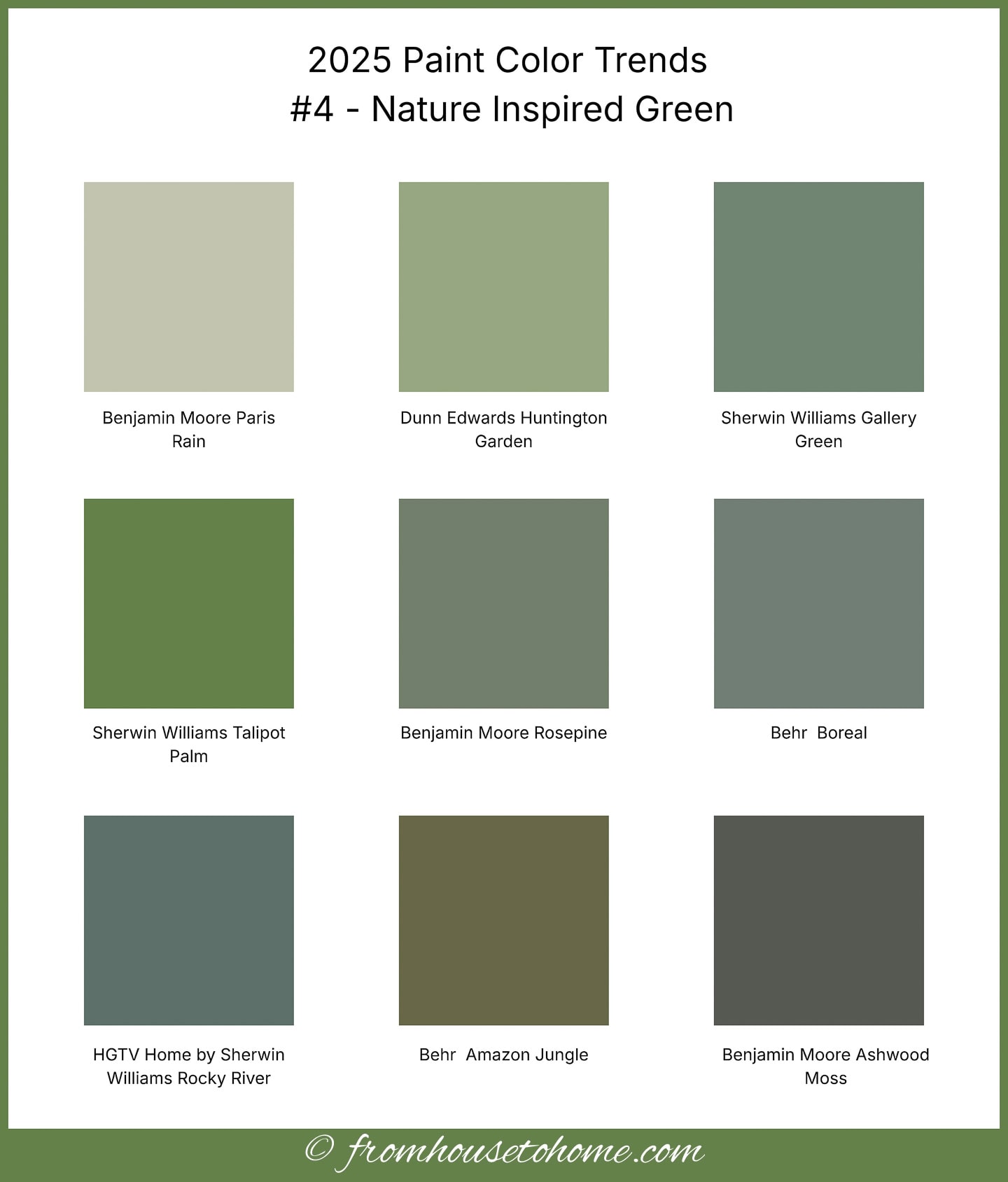 2025 paint color trends #4 - nature inspired green paint chips