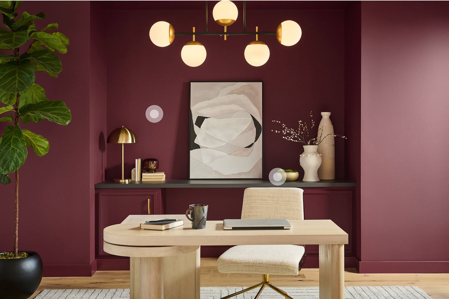 A home office painted in Behr 2025 paint color of the year "Rumors"