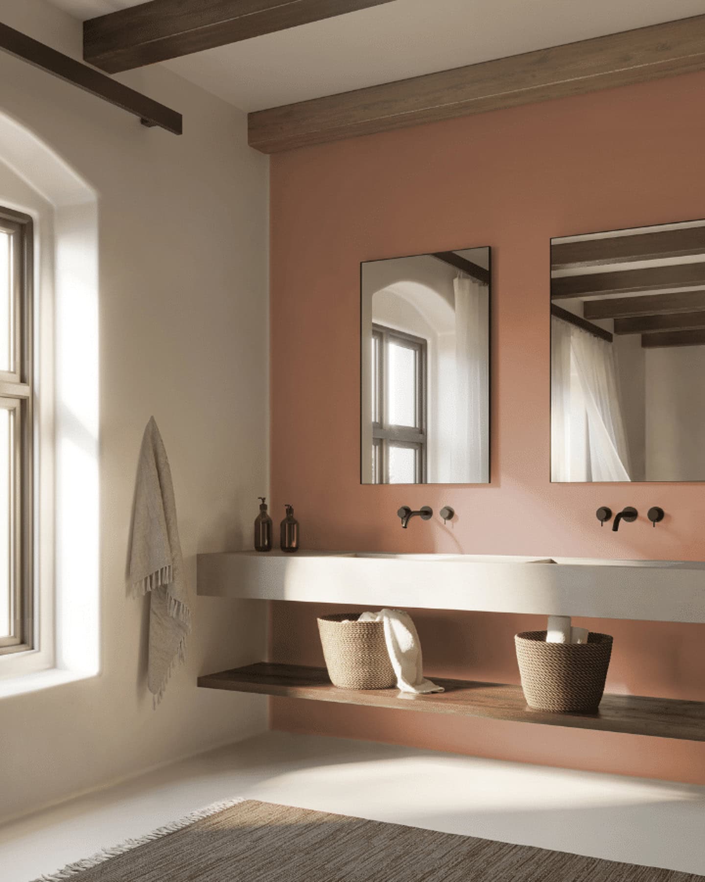A bathroom painted in Dunn Edwards 2025 paint color of the year "Caramelized"