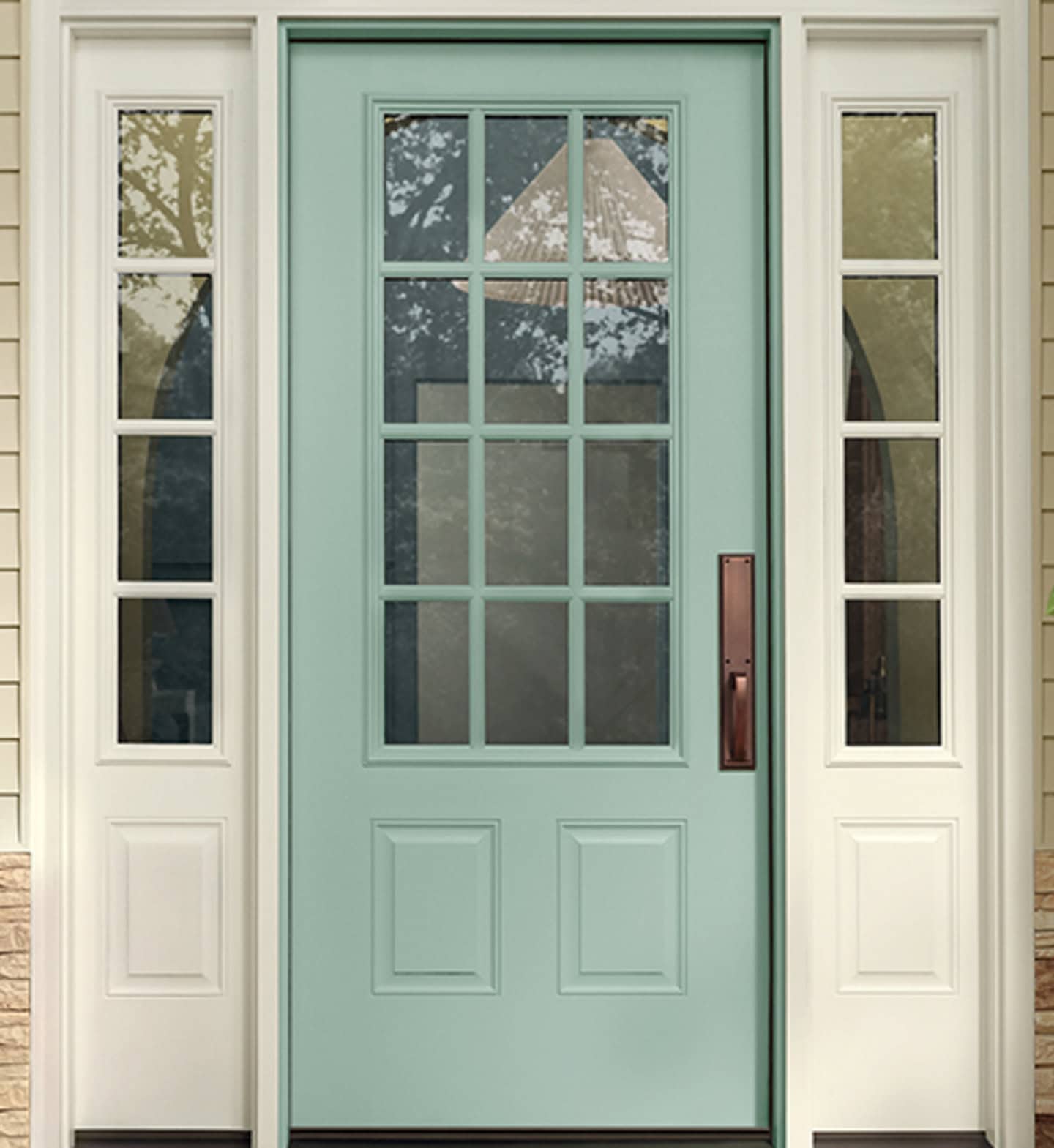 A front door painted in HGTV 2025 paint color of the year "Quietude"