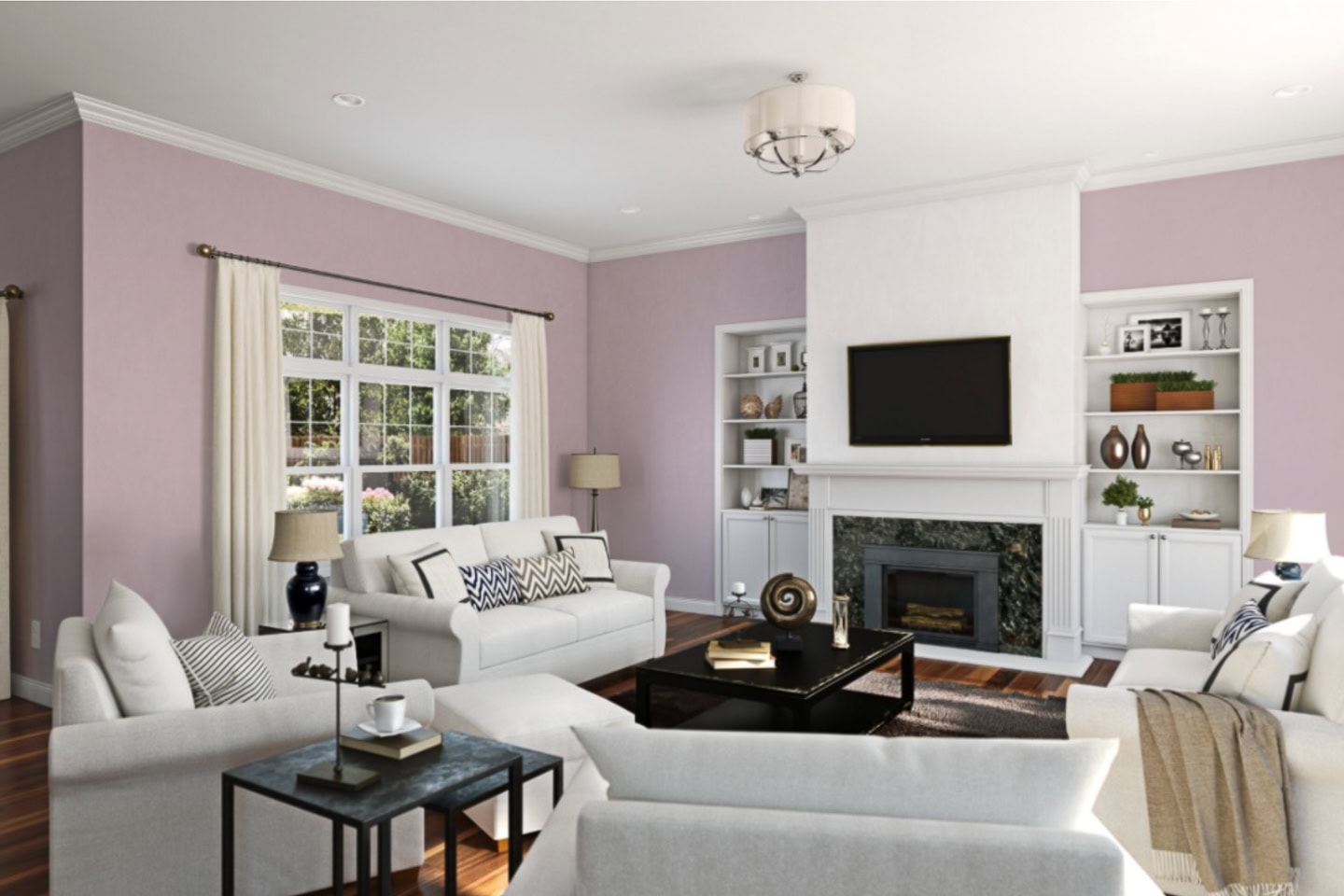 A living room painted in Sherwin Williams 2025 paint color of the year "Mauve Finery"