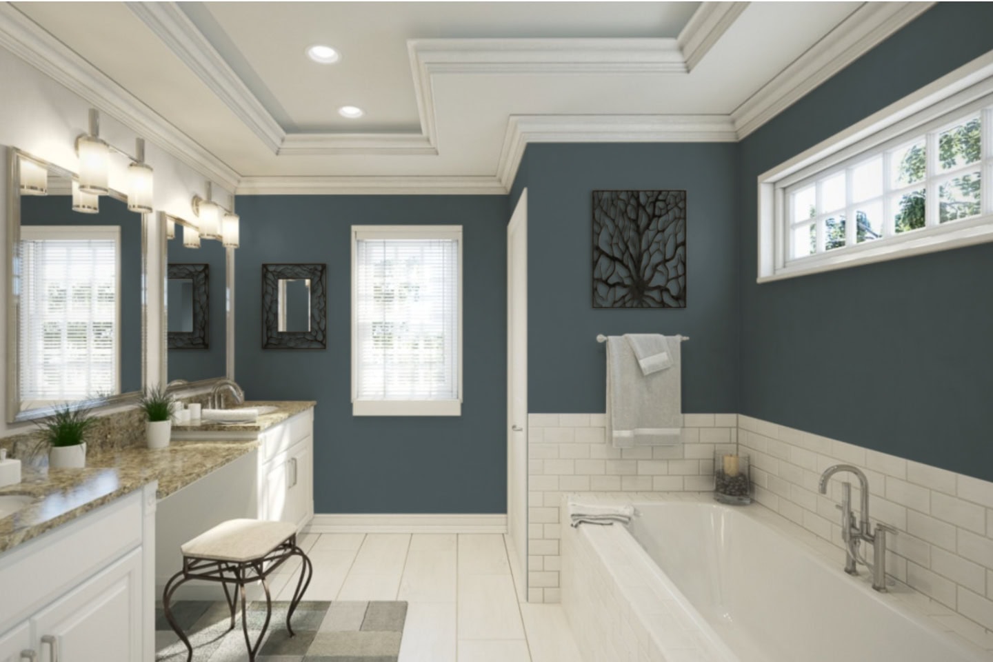 A bathroom painted in Sherwin Williams 2025 color of the year "Rain Cloud"