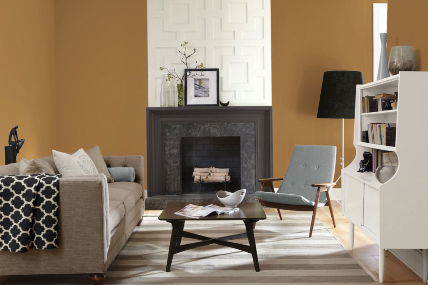 A living room painted in Sherwin Williams 2025 paint color of the year "Bosc Pear"