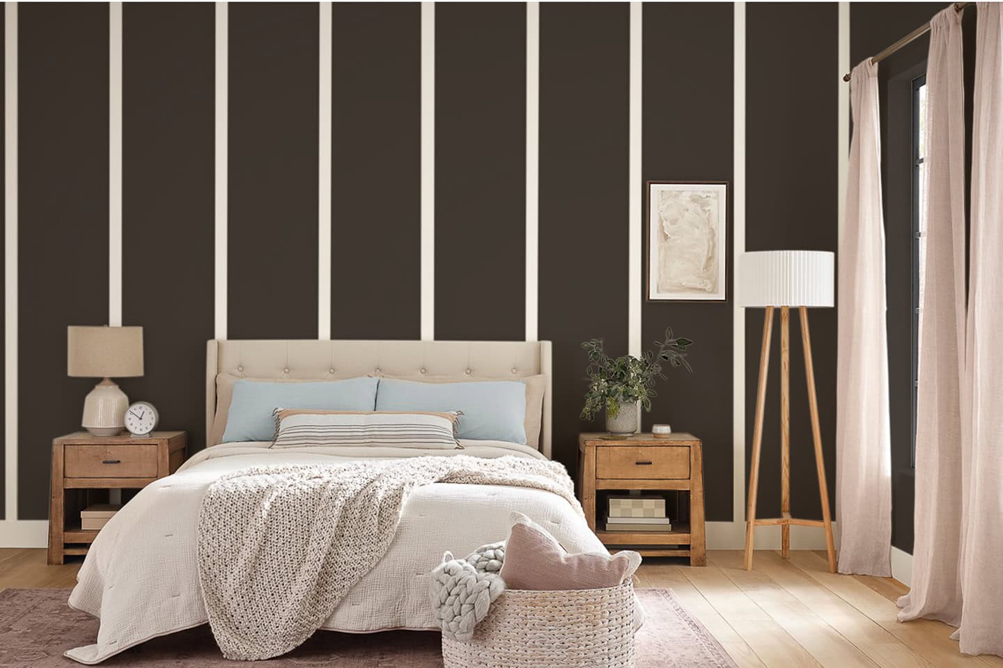 A bedroom painted in Sherwin Williams 2025 paint color of the year "Clove"