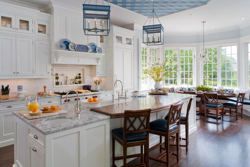 White kitchen with blue gingham wallpaper on the ceiling