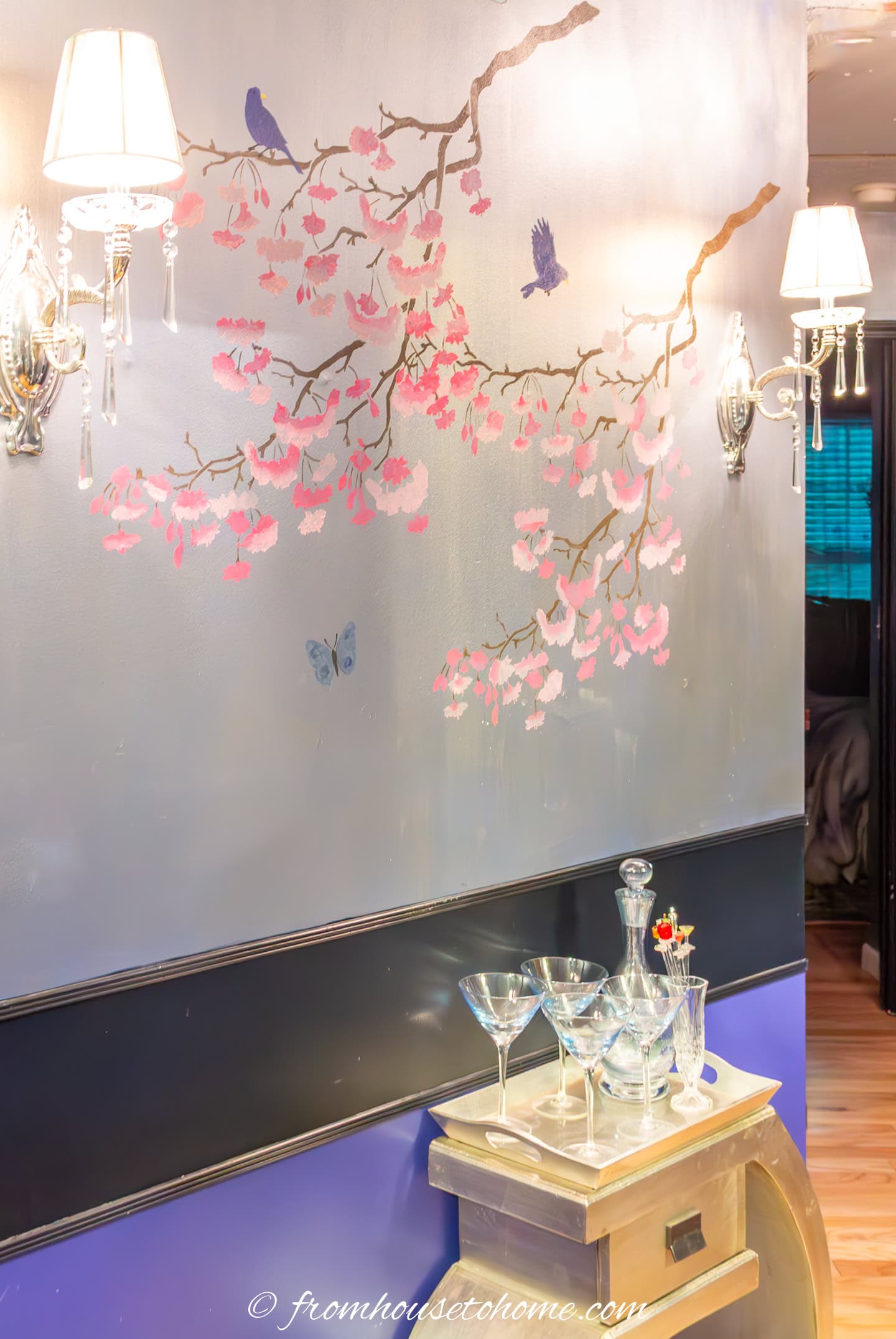 An art deco inspired Chinoiserie stencil on a hallway wall