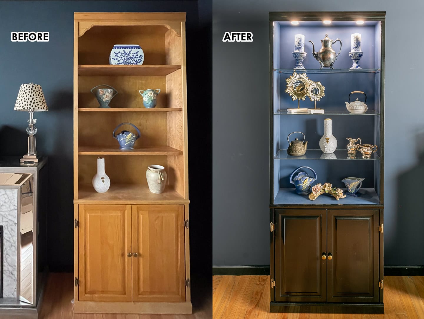 Before (pine bookshelvesP and after (glossy black and blue bookshelves)