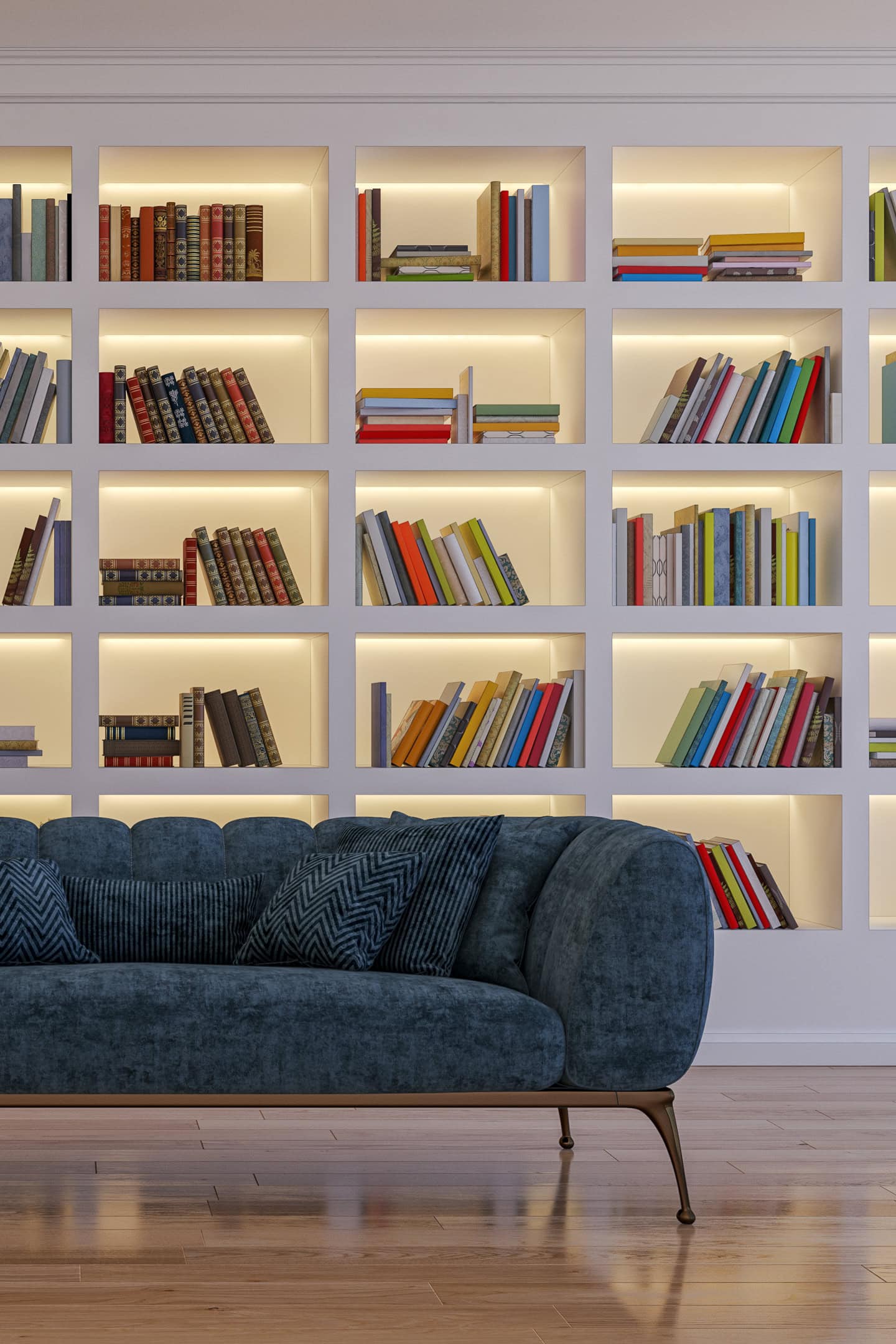 A white bookshelf with LED back lights