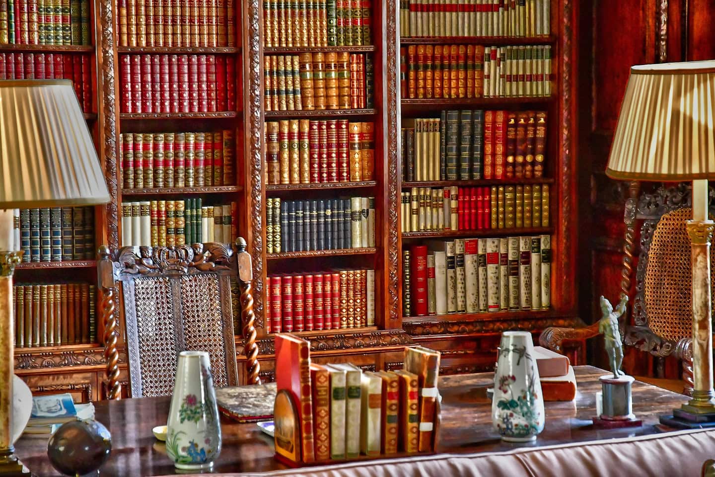 An elegant library wall with gold moldings