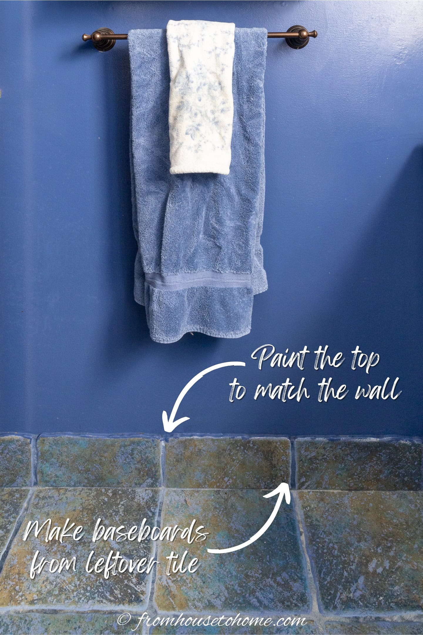 Baseboards made from floor tile in a small bathroom makeover
