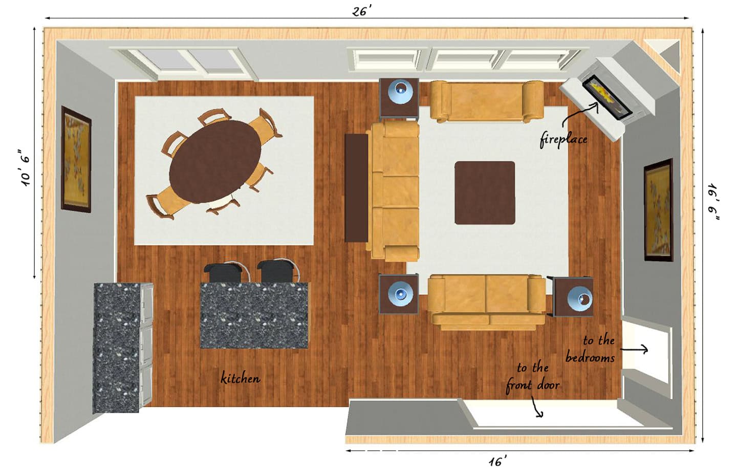 Top-down view of an open-concept living area with a kitchen, dining table, sectional sofa, TV, fireplace, and labeled doorways to bedrooms and front door. Room dimensions are marked.