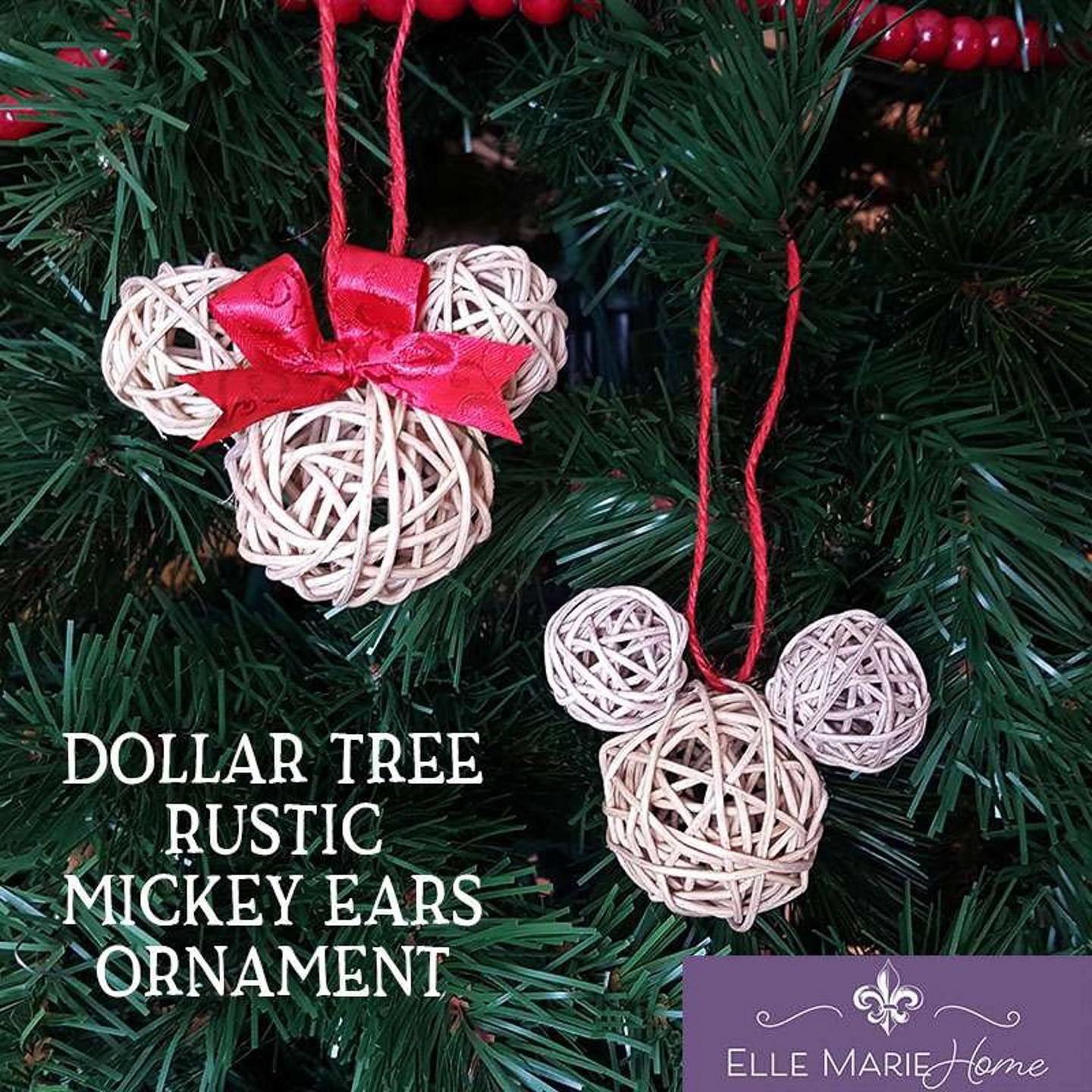 Two rustic Mickey Mouse ear-shaped ornaments made of woven twine hang on a Christmas tree; one has a red bow. Text reads