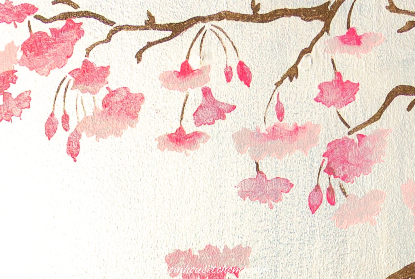 Close up of the two-toned pink flowers on the DIY Chinoiserie wall