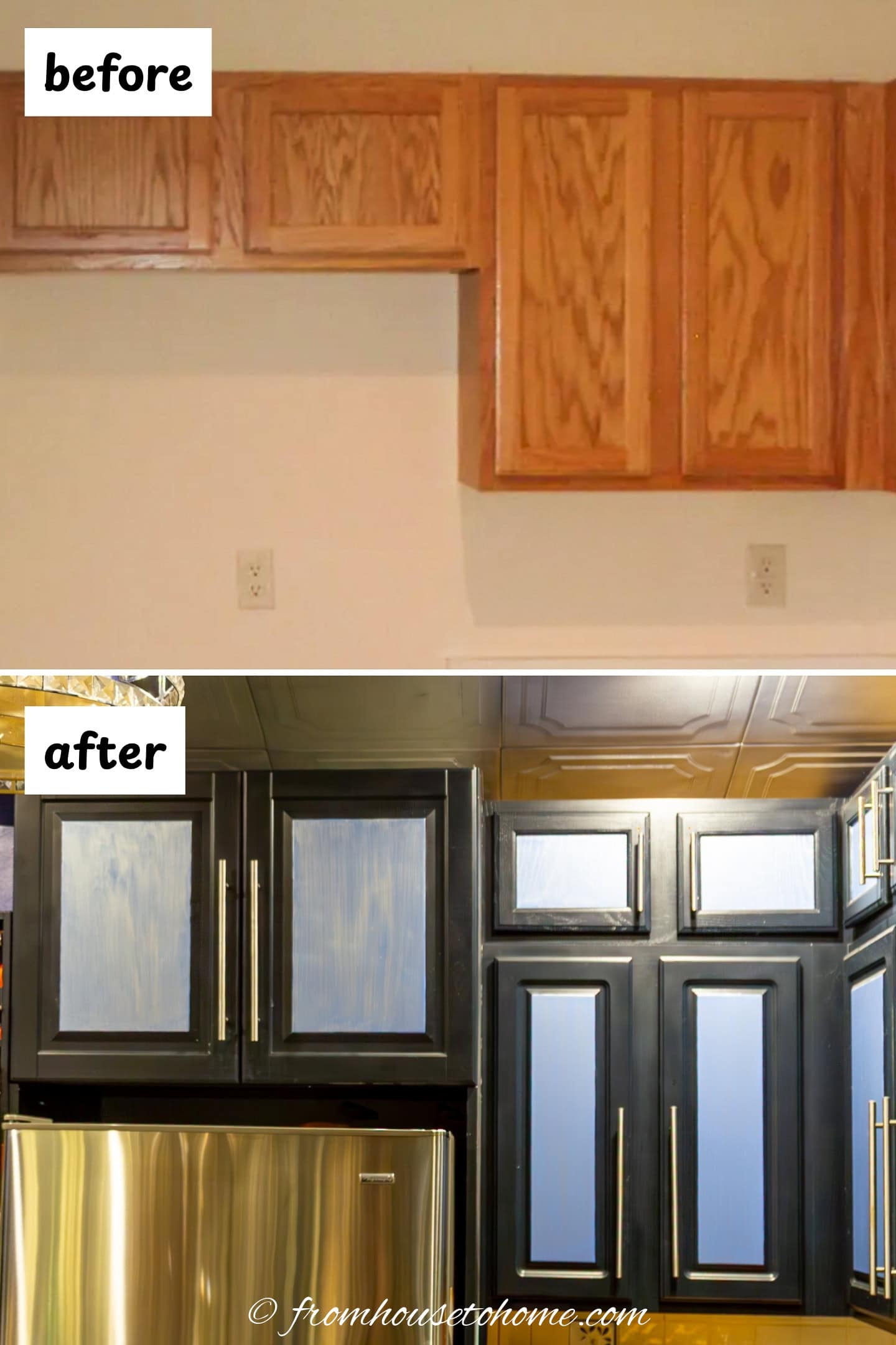 before and after of updated builder grade kitchen cabinets