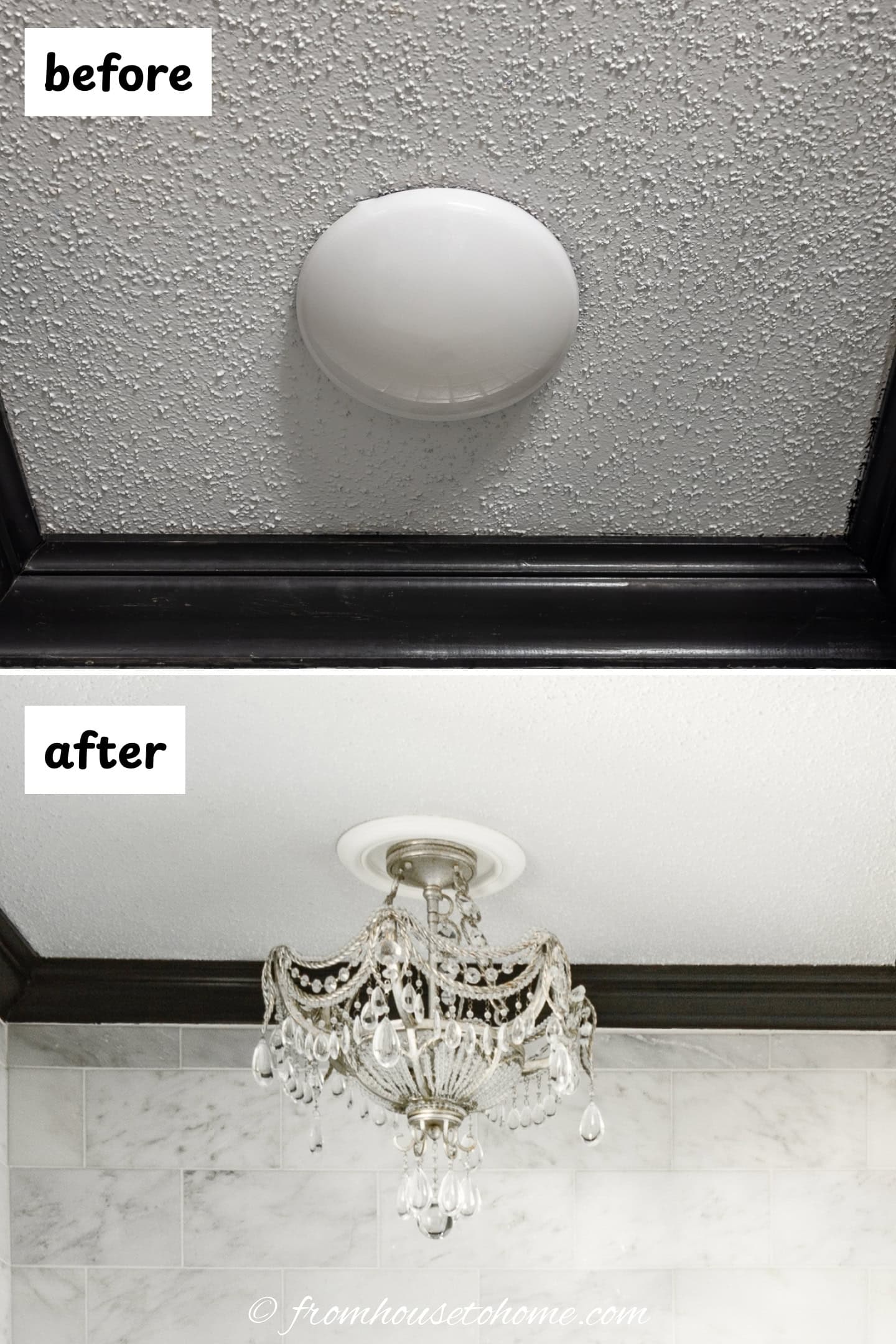 before and after of updated builder grade lighting