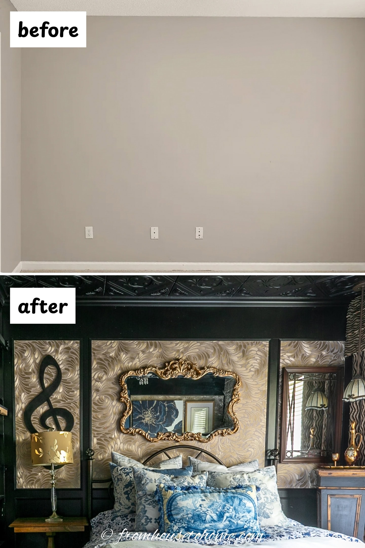 before and after of a builder grade room upgraded with moldings