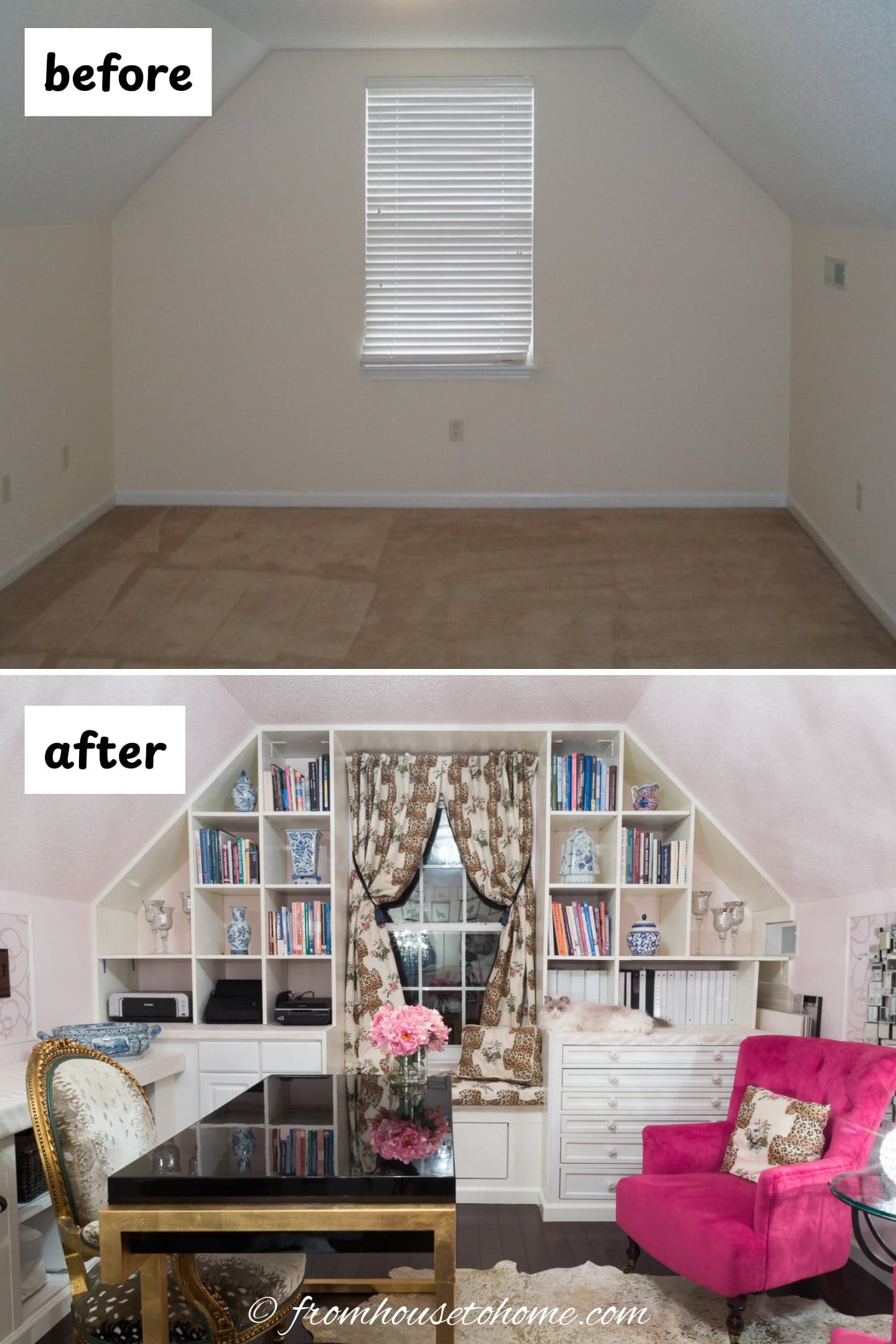 before and after of a builder grade room with the builder beige painted over with pink
