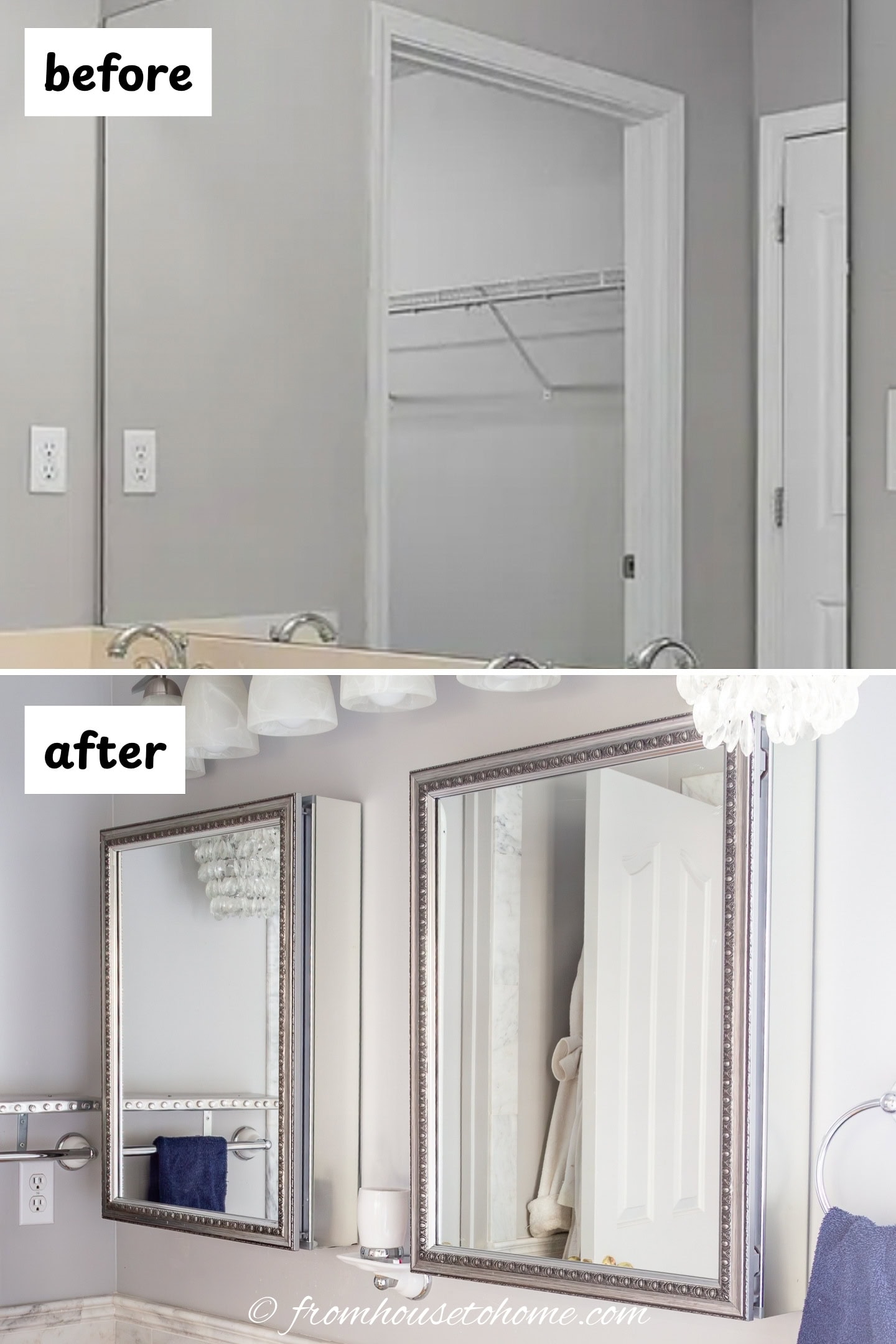 before and after of upgraded builder grade mirrors
