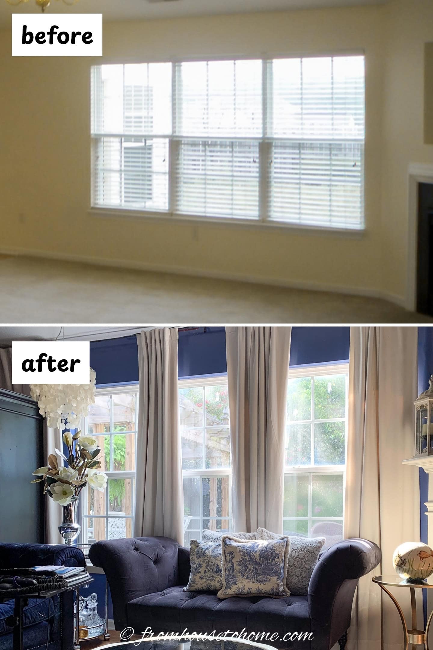 before and after of a builder grade living room with curtains