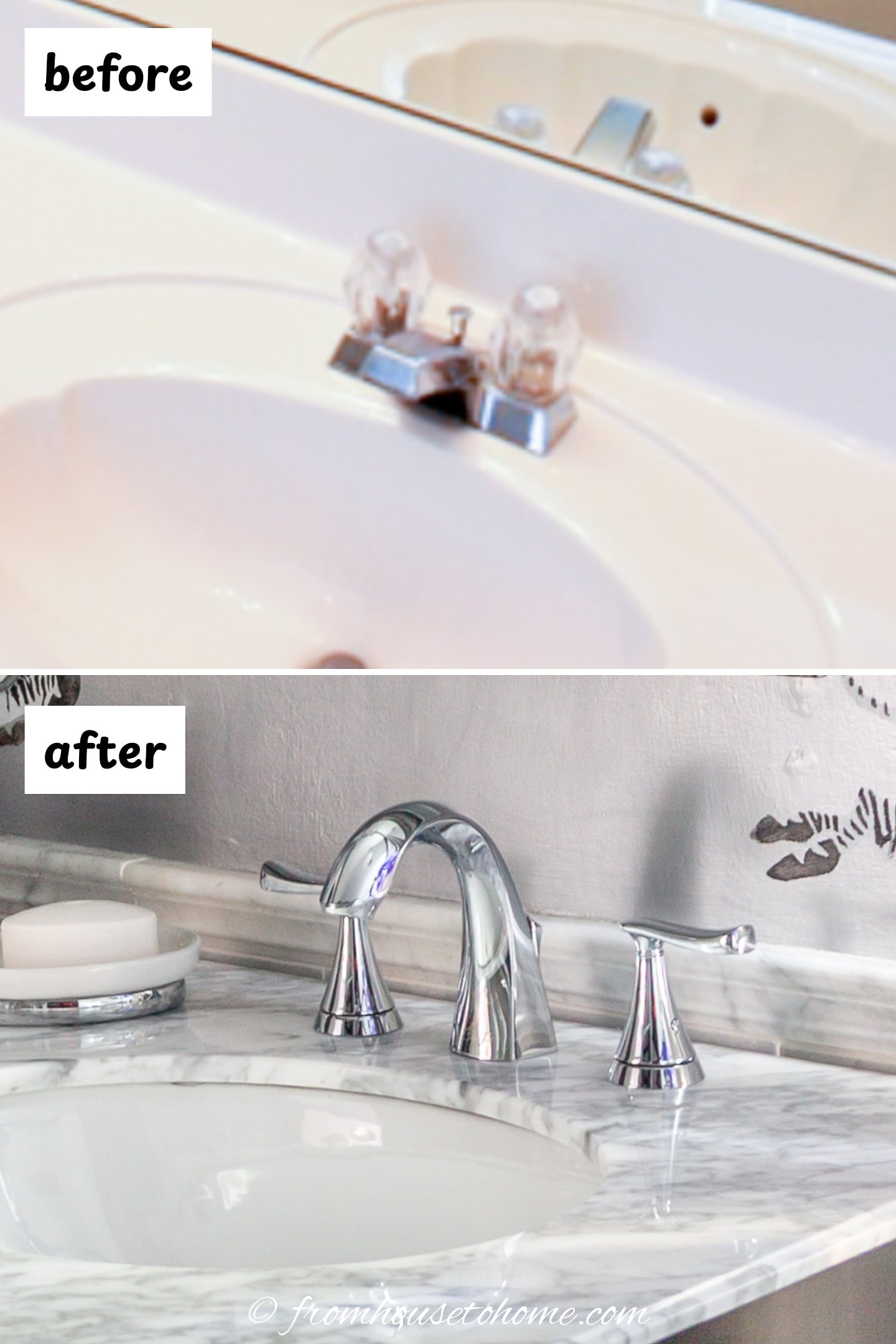 before and after of an upgraded builder grade faucet