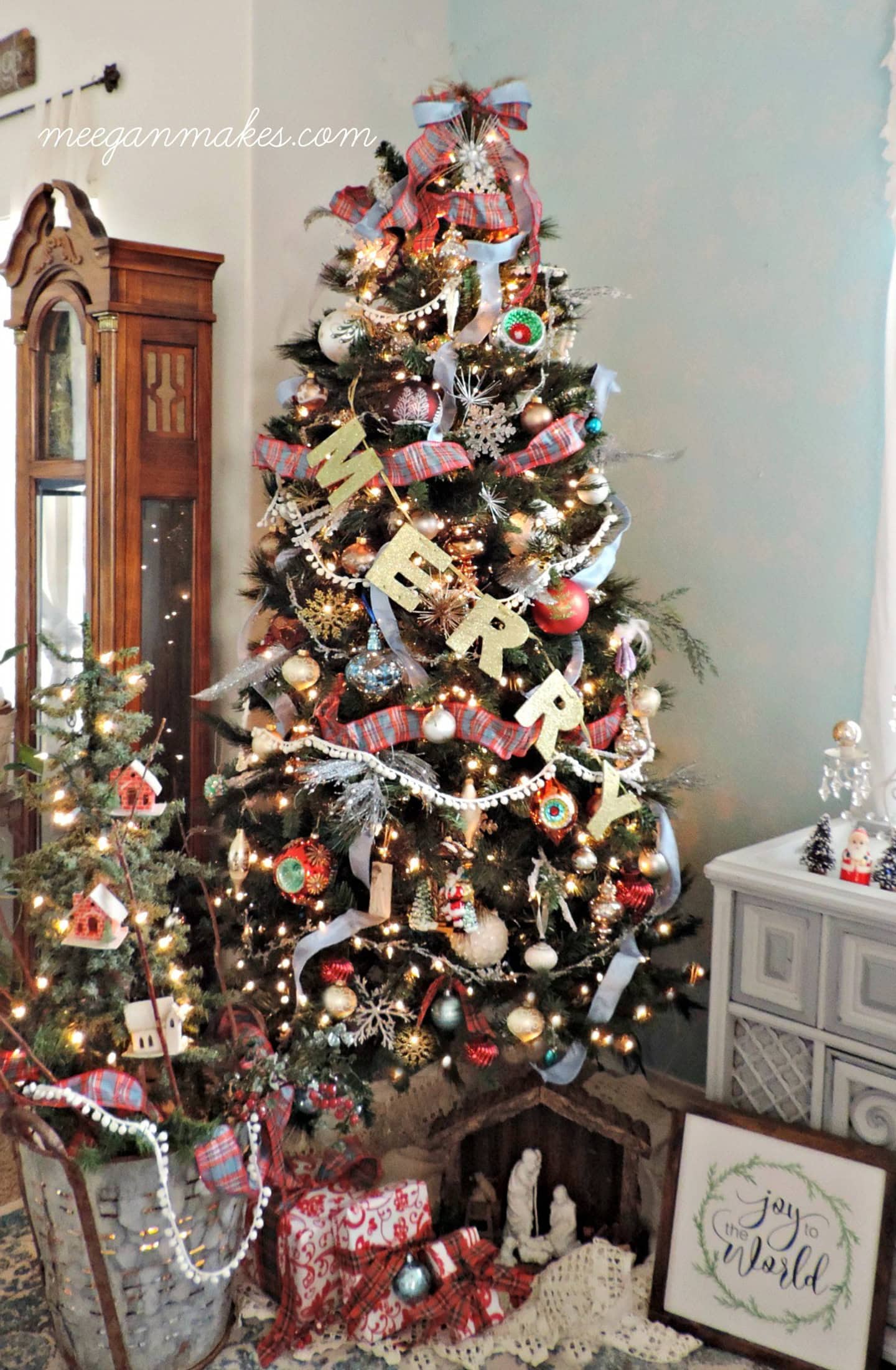 A decorated Christmas tree with a