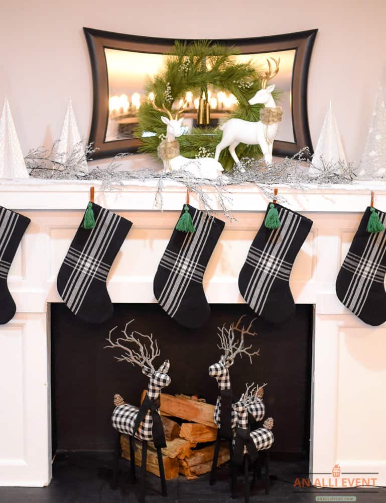 simple black and white christmas mantel decor