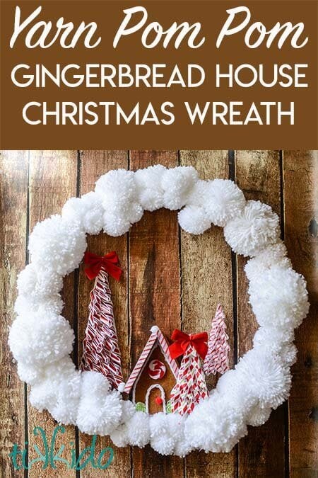 diy yarn pom pom christmas wreath with felt gingerbread house