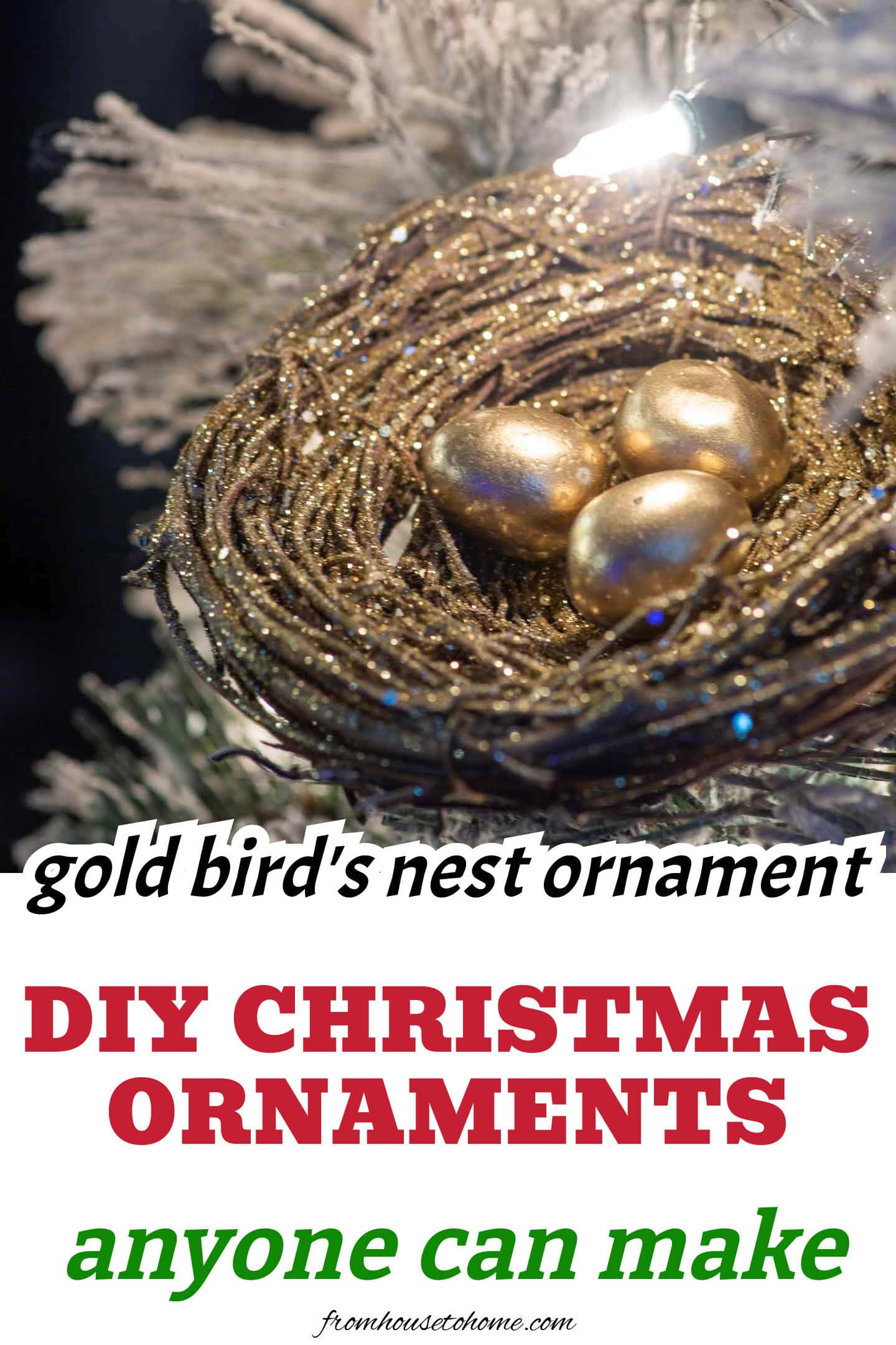 DIY gold bird's nest ornament in a Christmas tree