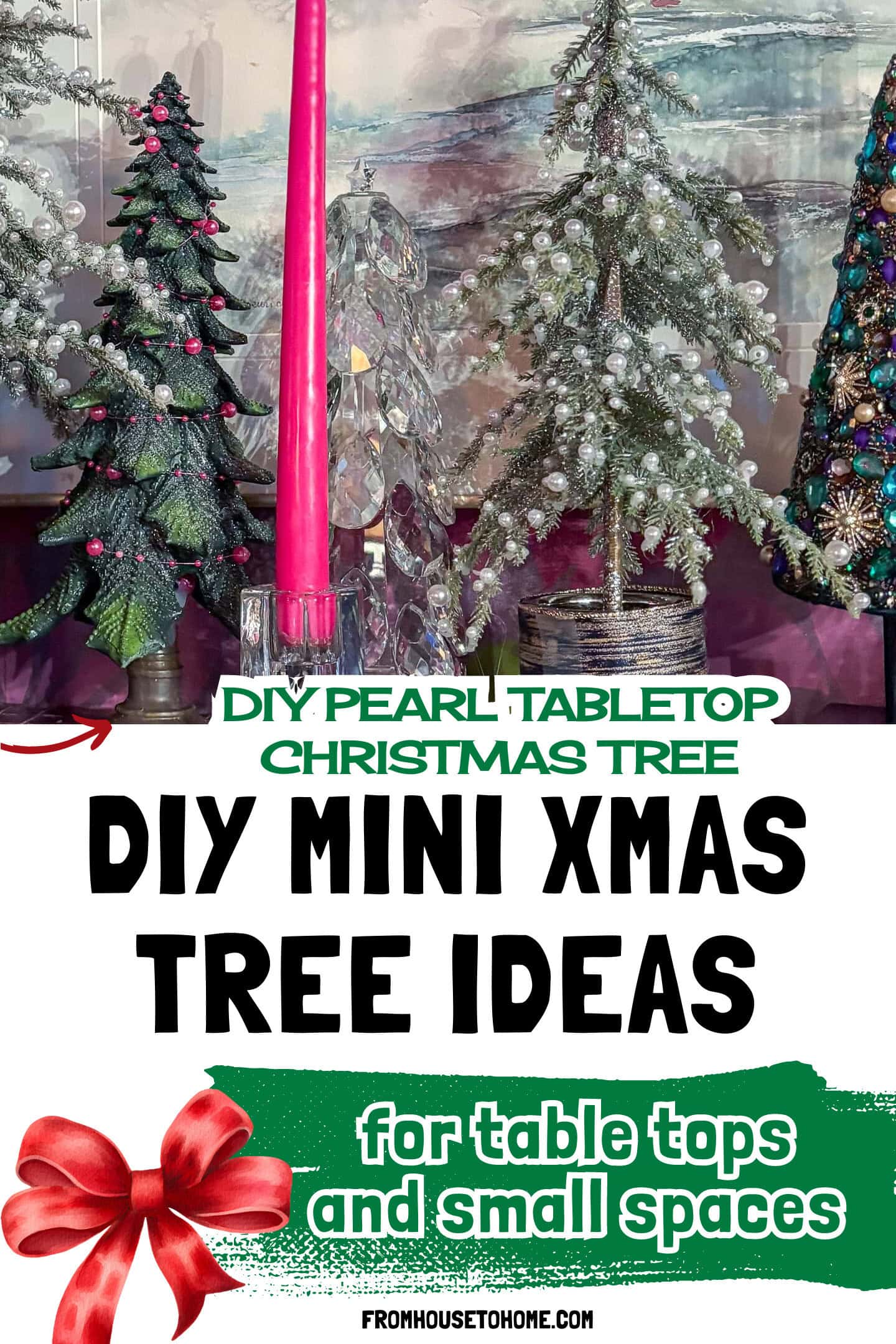 A group of decorative Christmas trees, a tall red candle in a glass holder, and various ornaments are arranged on a mantel with a painted background.