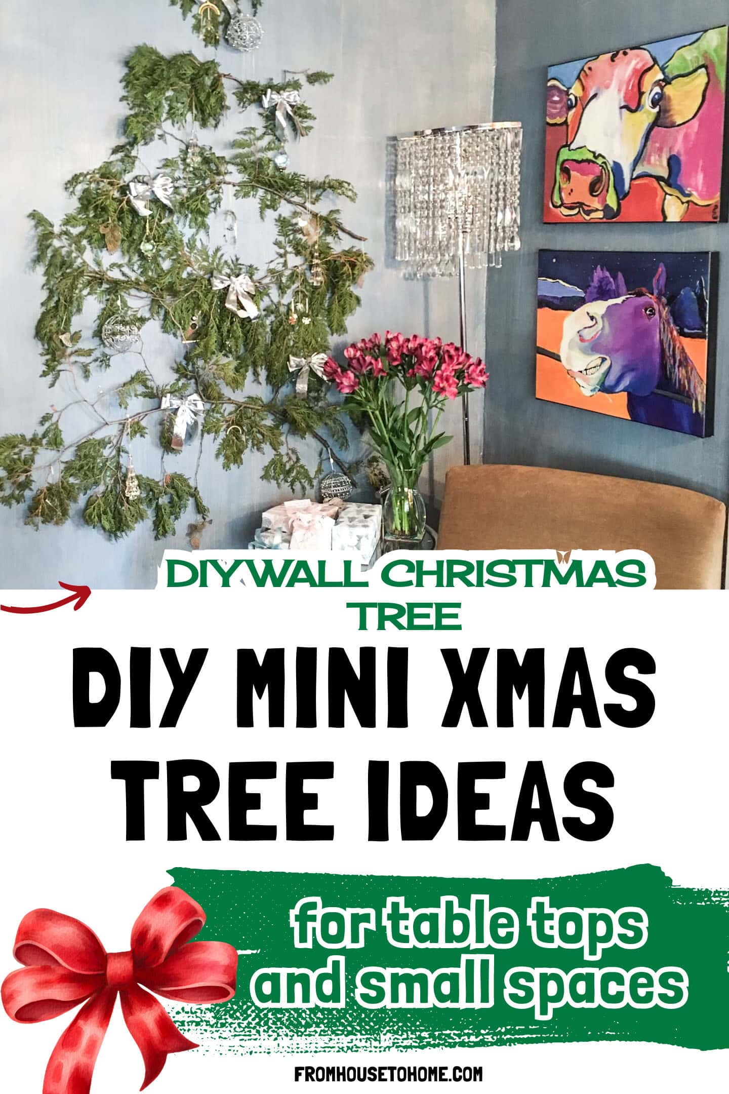 A wall Christmas tree beside a chair and table in a living room