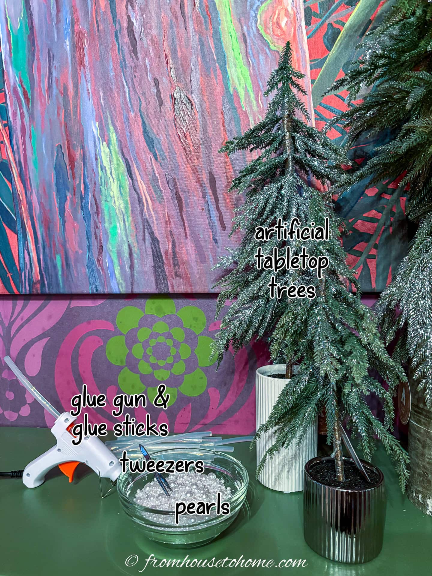 supplies and materials for a DIY pearl table top Christmas tree
