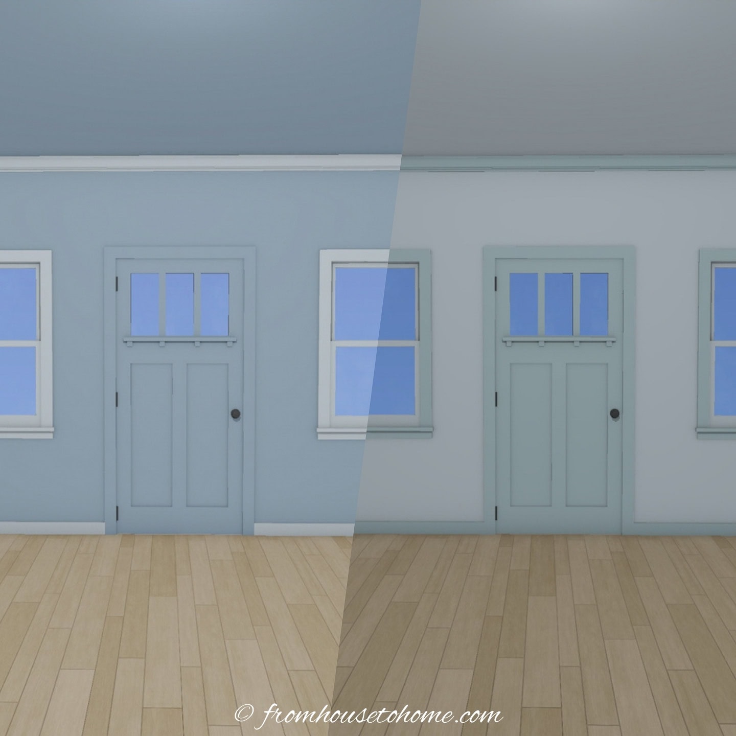 a side-by-side view of two different room designs for making a room look bigger with paint