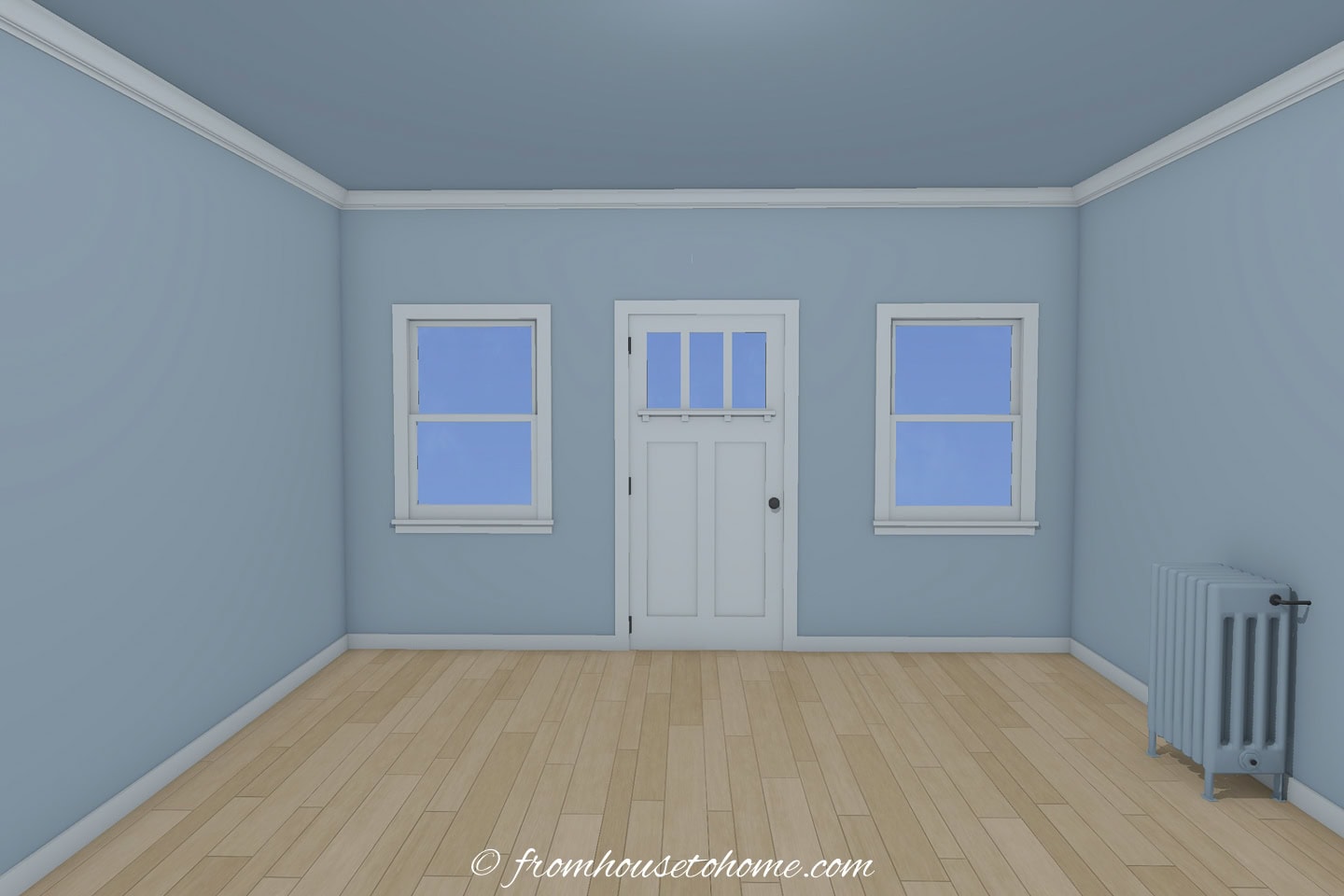 A room diagram with a radiator painted the same color as the walls