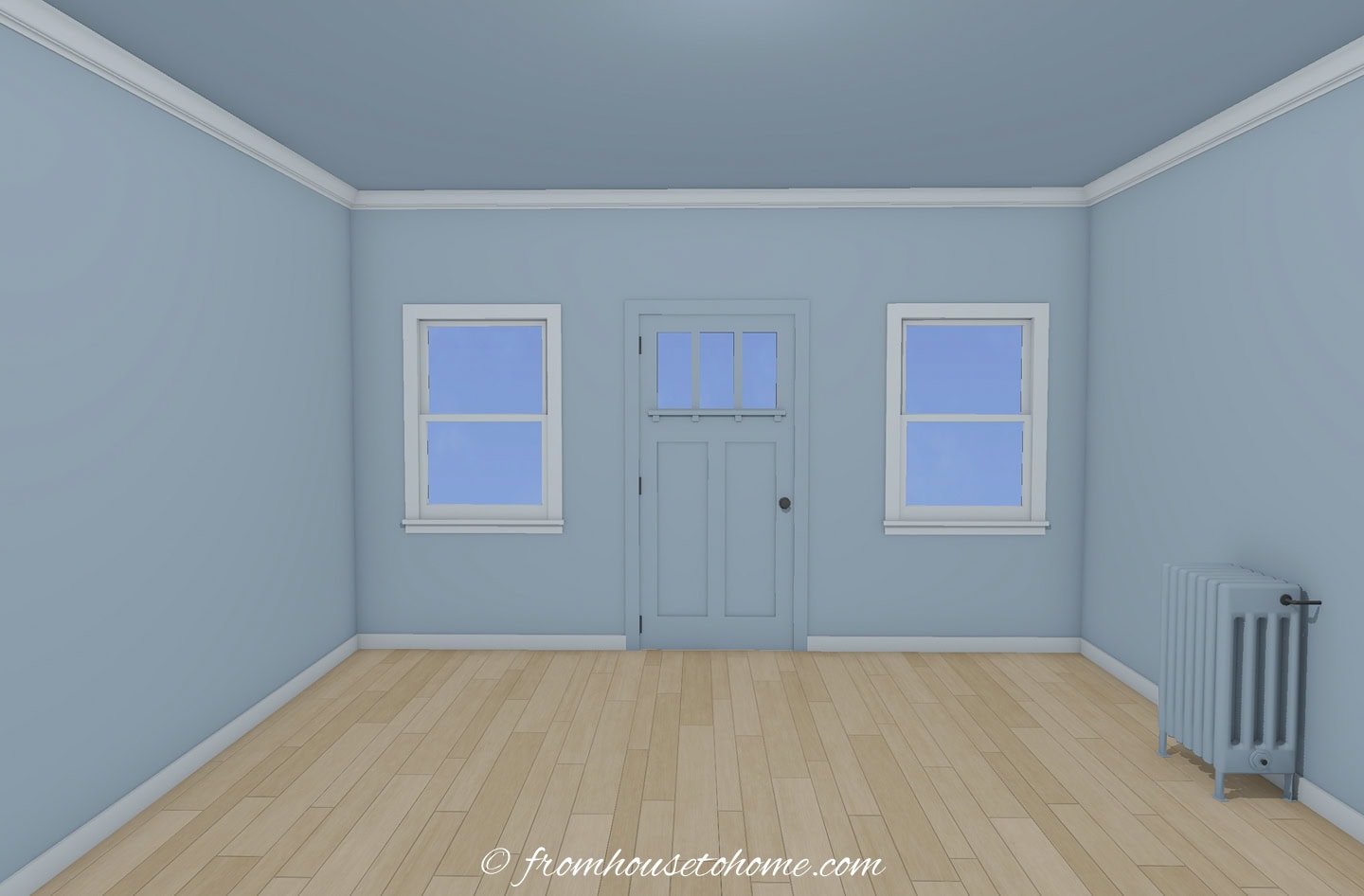 A room with the door painted the same color as the walls