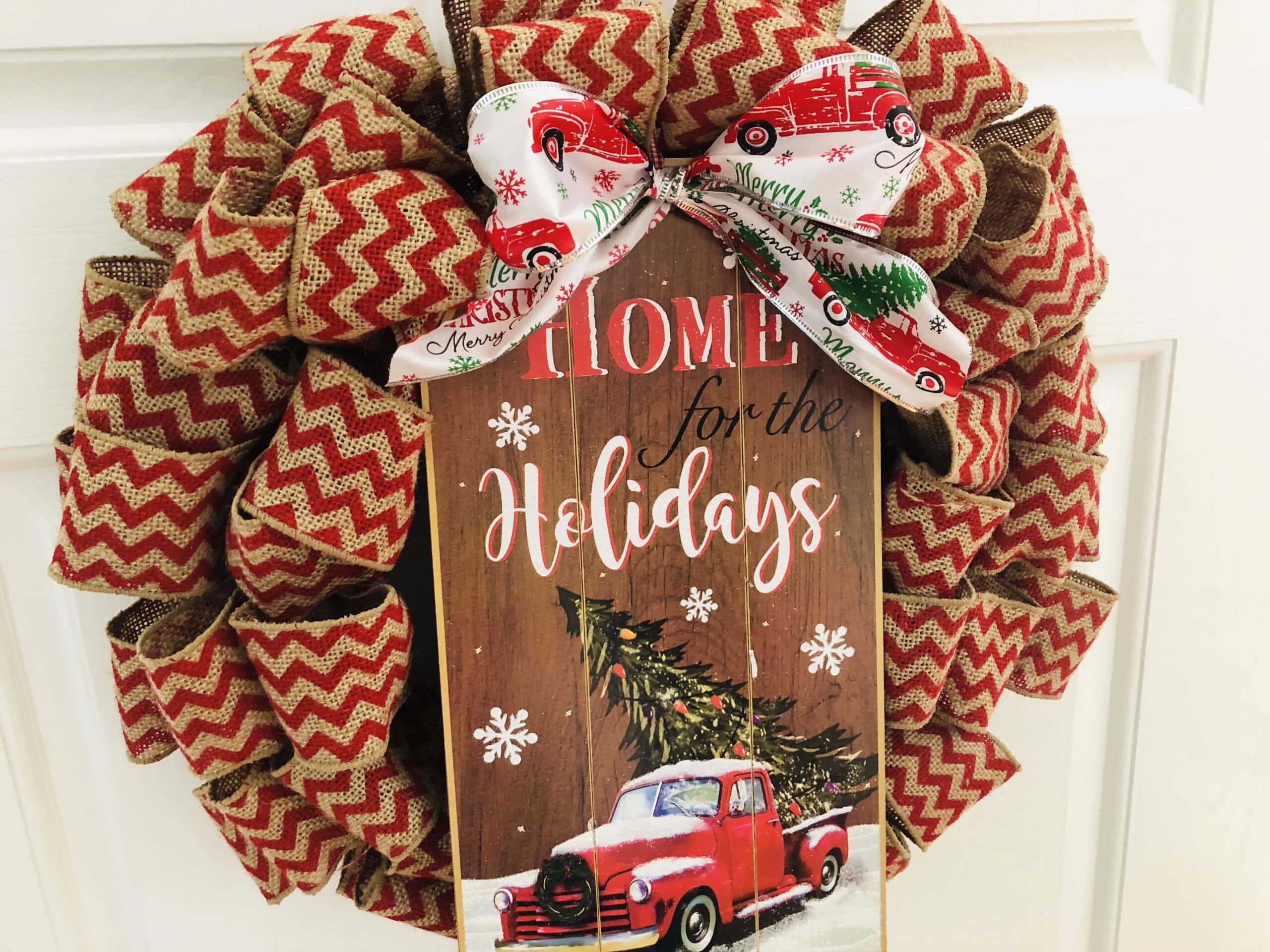 chevron burlap christmas wreath with dollar tree sign
