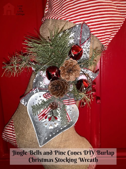 jingle bells and pine cones diy burlap christmas stocking wreath