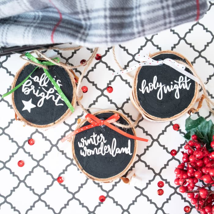 lettered wood slice ornaments with lettering