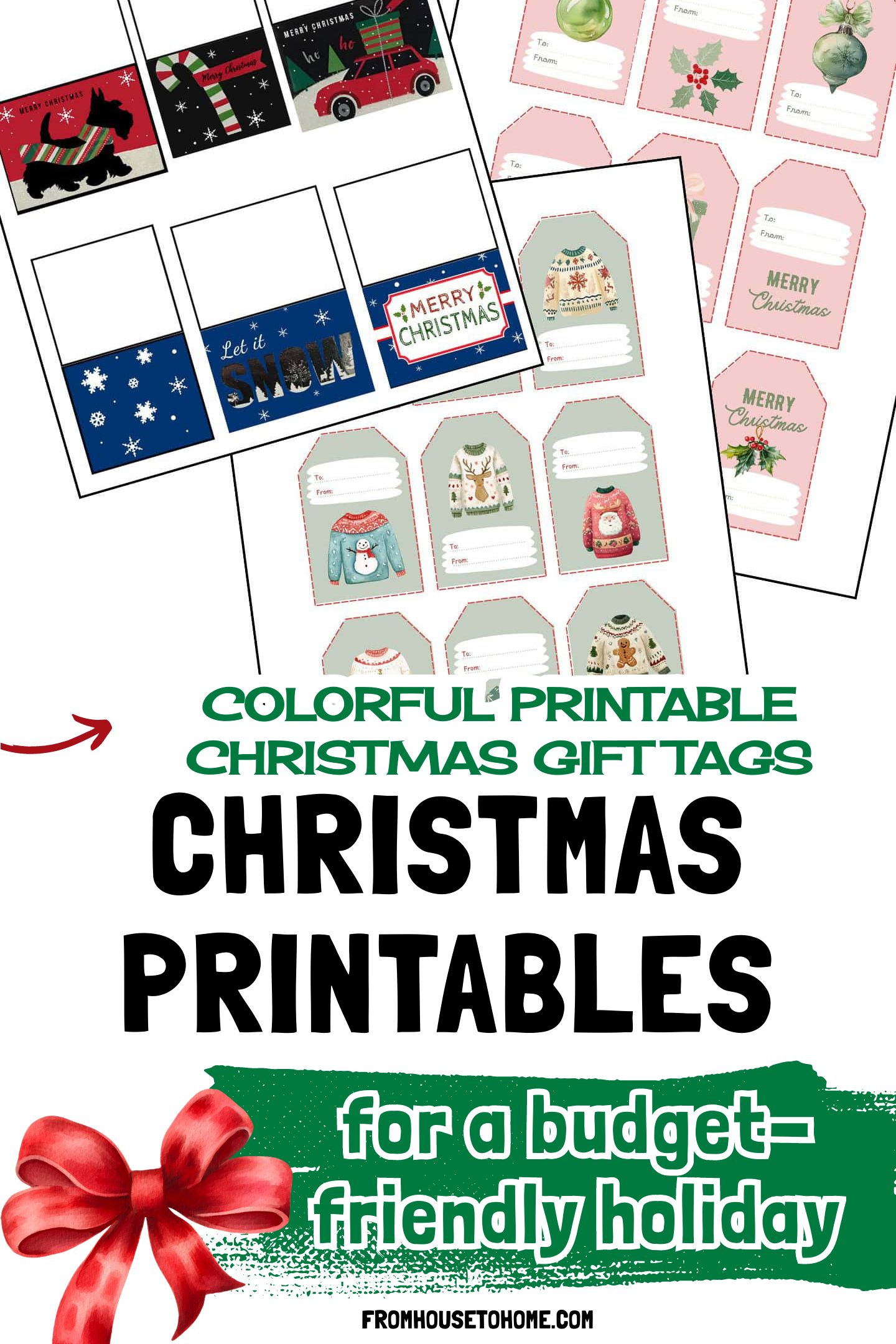 Sheets of printable Christmas gift tags and labels featuring sweaters, ornaments, snowflakes, a red truck, and festive greetings in various colors and designs.