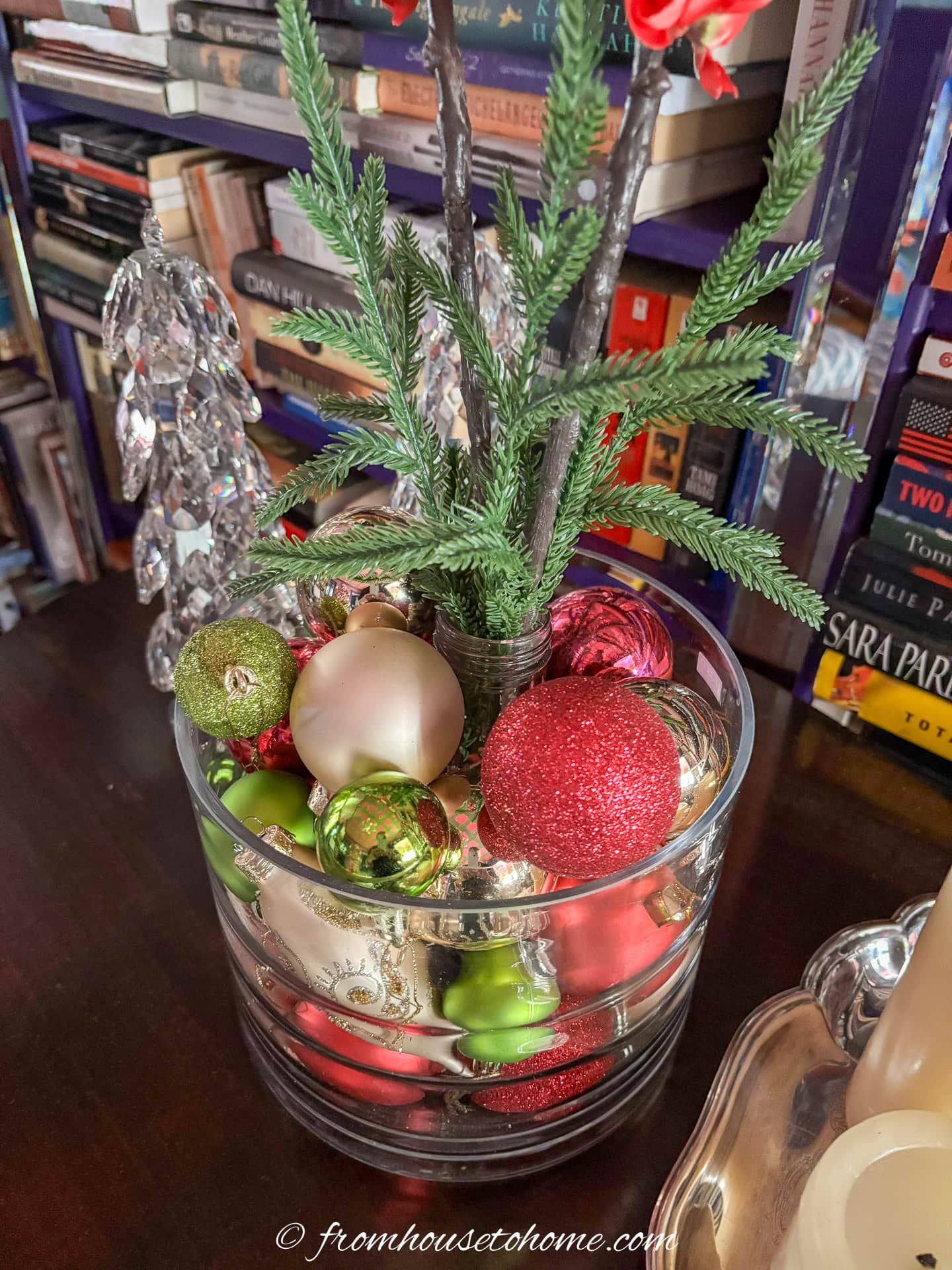 Close up of flowers in a Christmas ornament vase